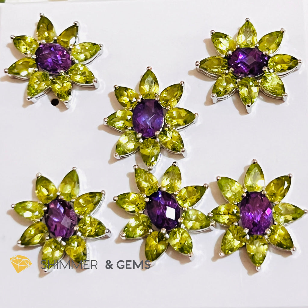 Peridot With Amethyst Sunshine Flower Earrings (Aa Grade) 30 Carats