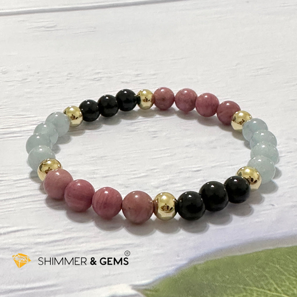 Pet Owner’s Remedy Bracelet (Rhodonite, Obsidian, Aquamarine 6mm with 14k gold filled beads)