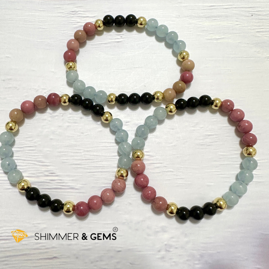 Pet Owner’s Remedy Bracelet (Rhodonite, Obsidian, Aquamarine 6mm with 14k gold filled beads)
