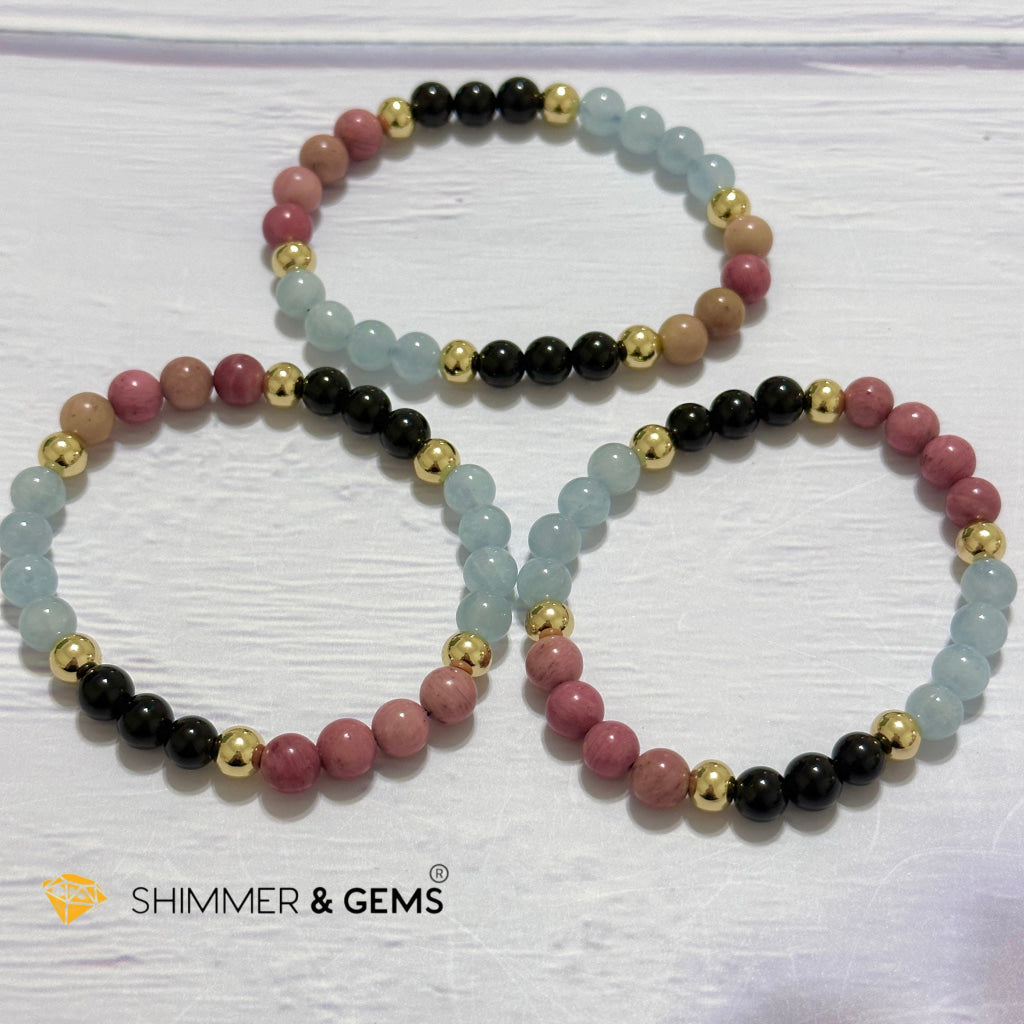Pet Owner’s Remedy Bracelet (Rhodonite, Obsidian, Aquamarine 6mm with 14k gold filled beads)