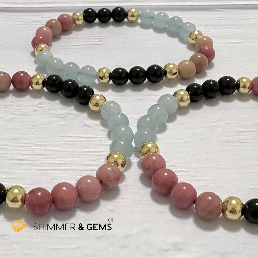Pet Owner’s Remedy Bracelet (Rhodonite, Obsidian, Aquamarine 6mm with 14k gold filled beads)