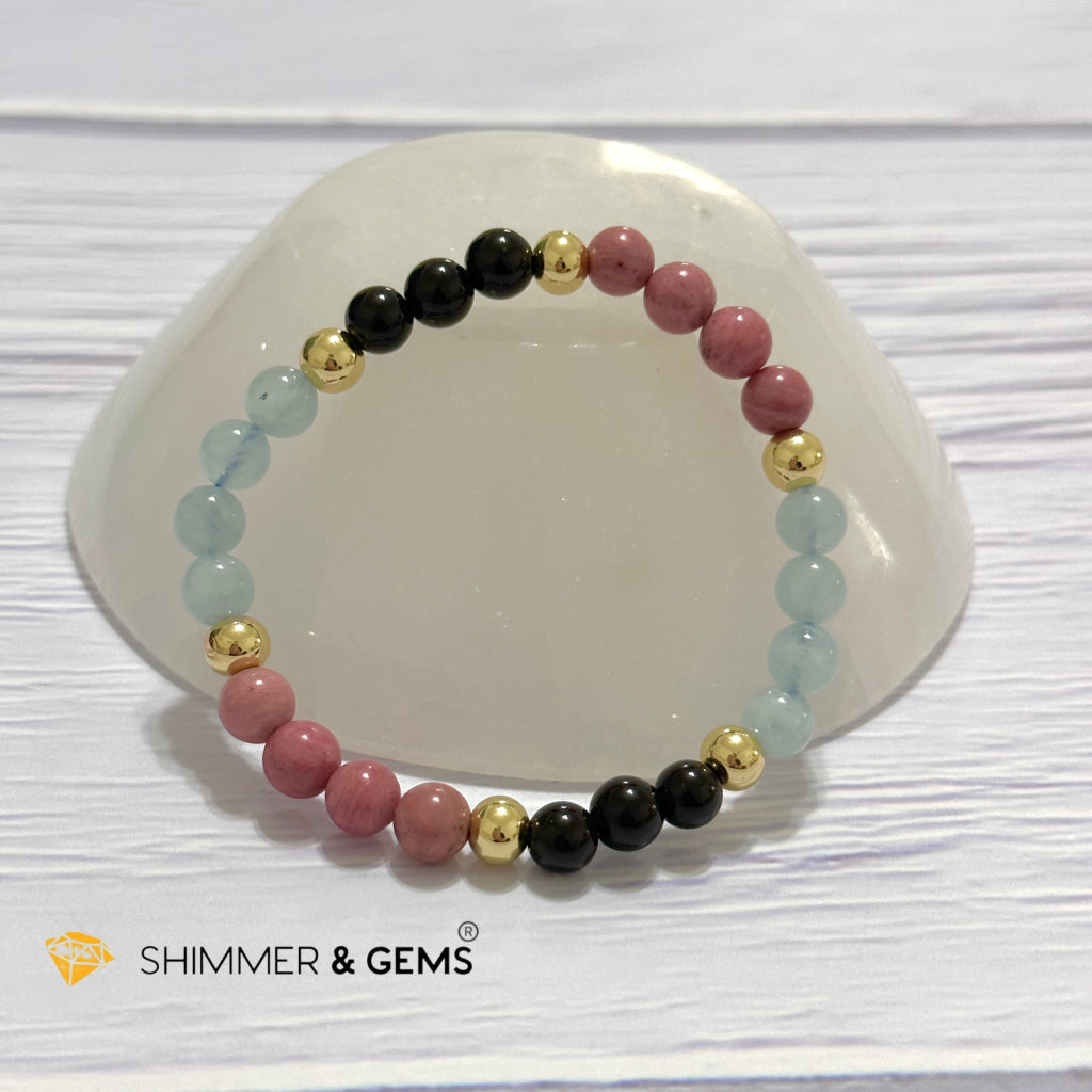 Pet Owner’s Remedy Bracelet (Rhodonite, Obsidian, Aquamarine 6mm with 14k gold filled beads)