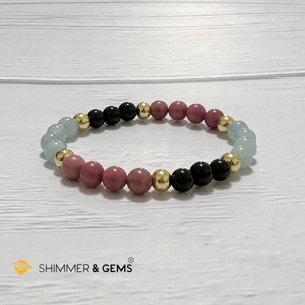 Pet Owner’s Remedy Bracelet (Rhodonite, Obsidian, Aquamarine 6mm with 14k gold filled beads)
