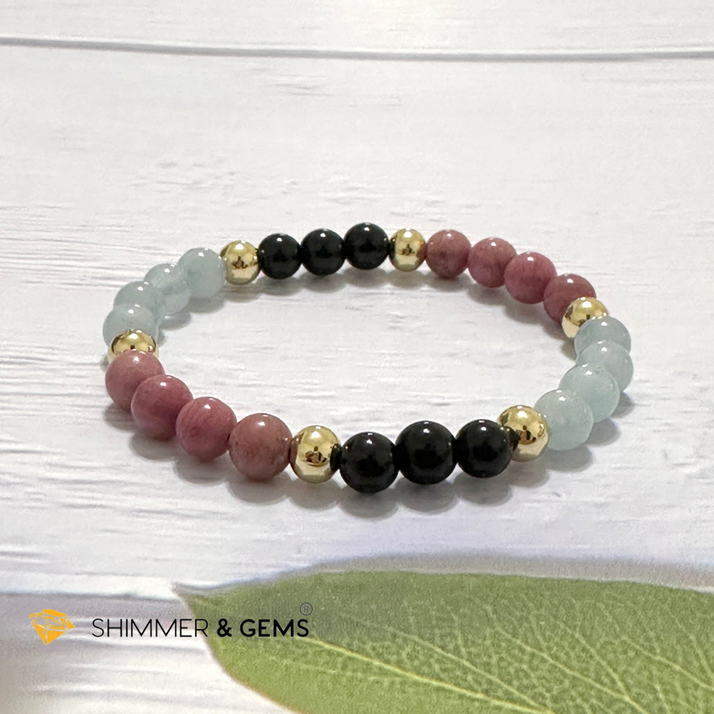 Pet Owner’s Remedy Bracelet (Rhodonite, Obsidian, Aquamarine 6mm with 14k gold filled beads)