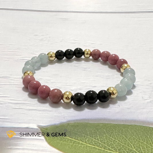 Pet Owner’s Remedy Bracelet (Rhodonite, Obsidian, Aquamarine 6mm with 14k gold filled beads)