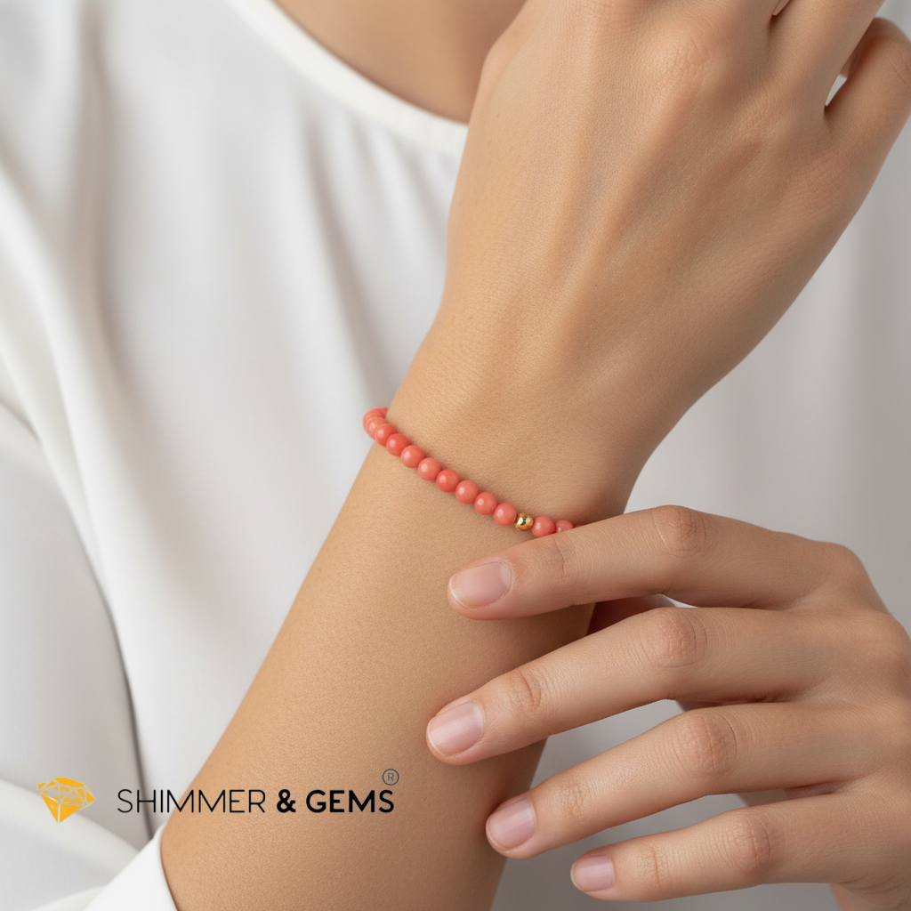 Pink Coral Protection Bracelet with 14K Gold-Filled Accent (4mm, dyed)