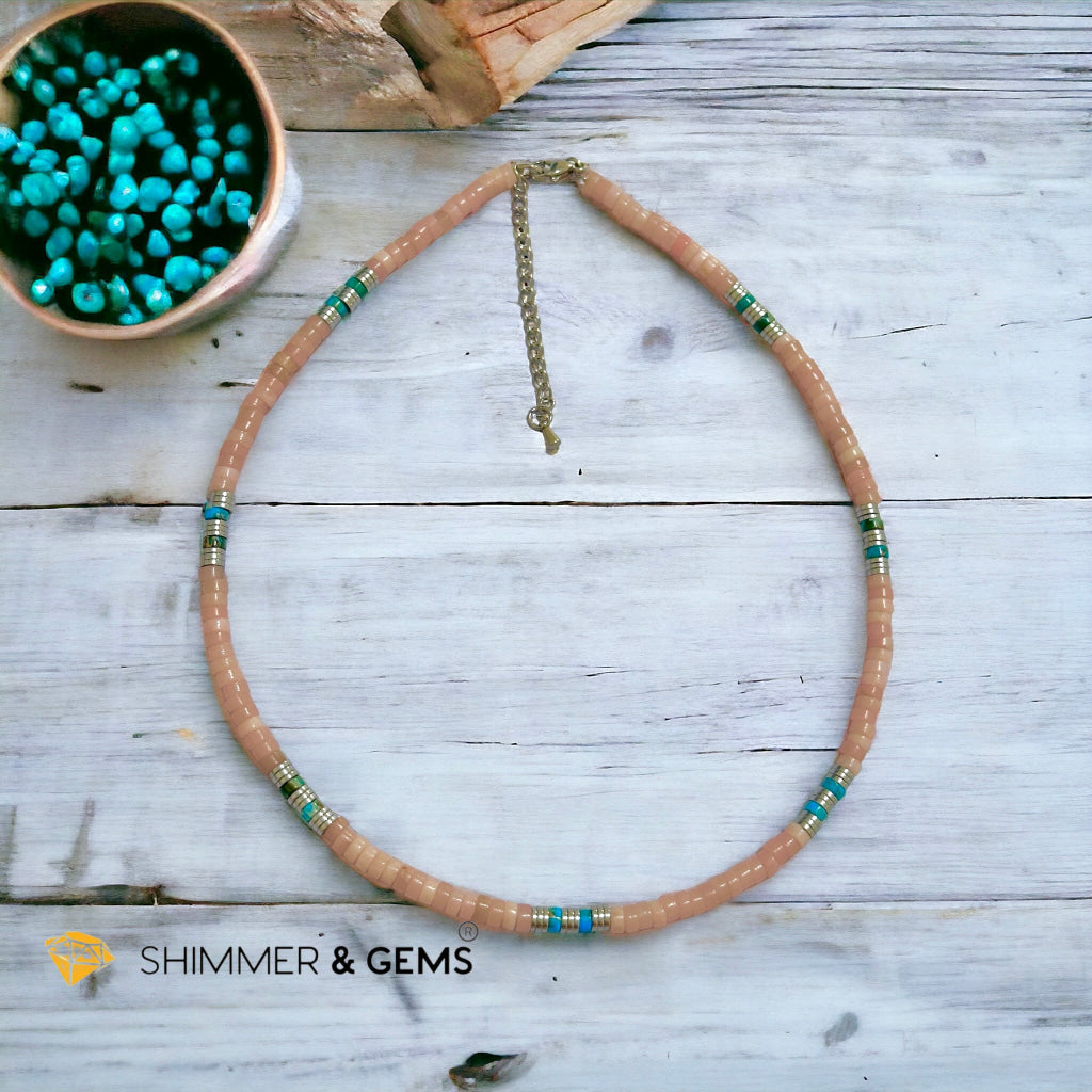 Pink Opal, Impression Jasper & Hematite Wheel Beads Necklace with Stainless Steel Beads & Clasp