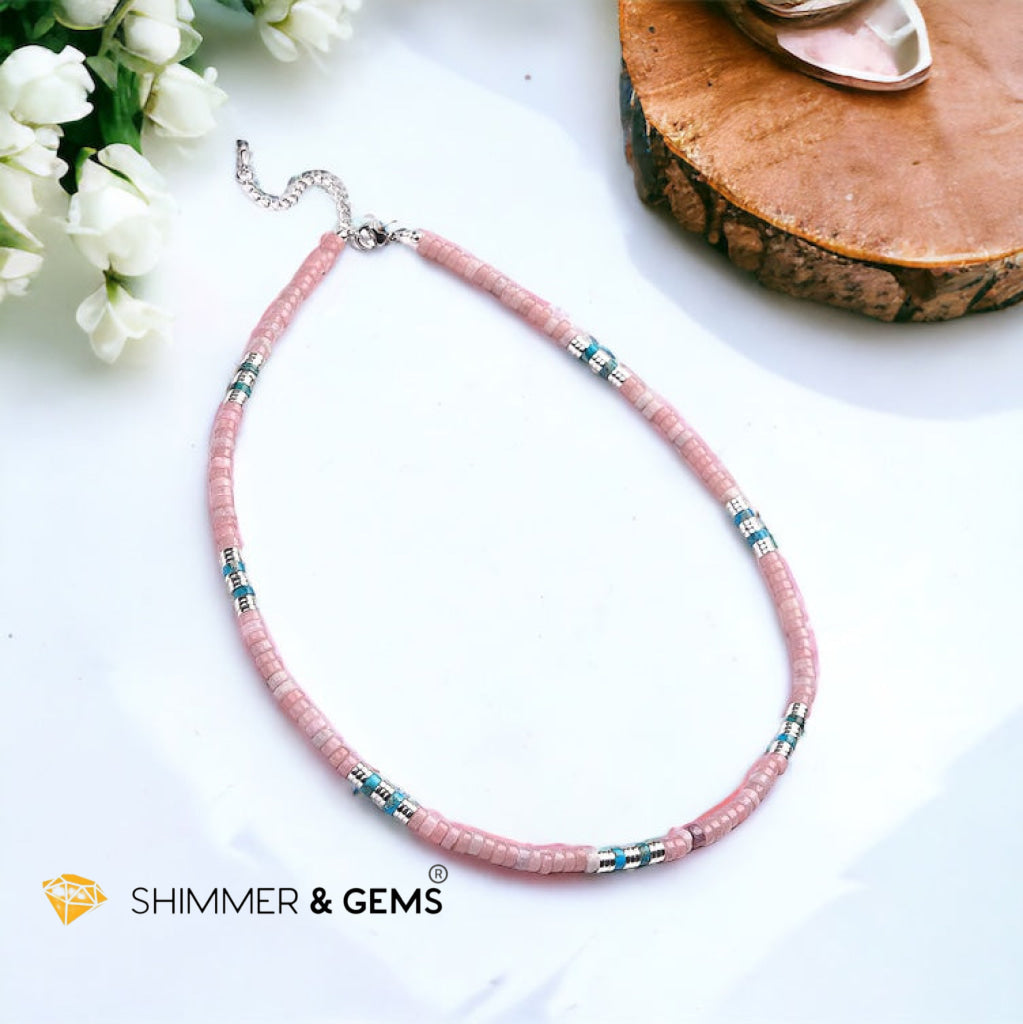 Pink Opal, Impression Jasper & Hematite Wheel Beads Necklace with Stainless Steel Beads & Clasp