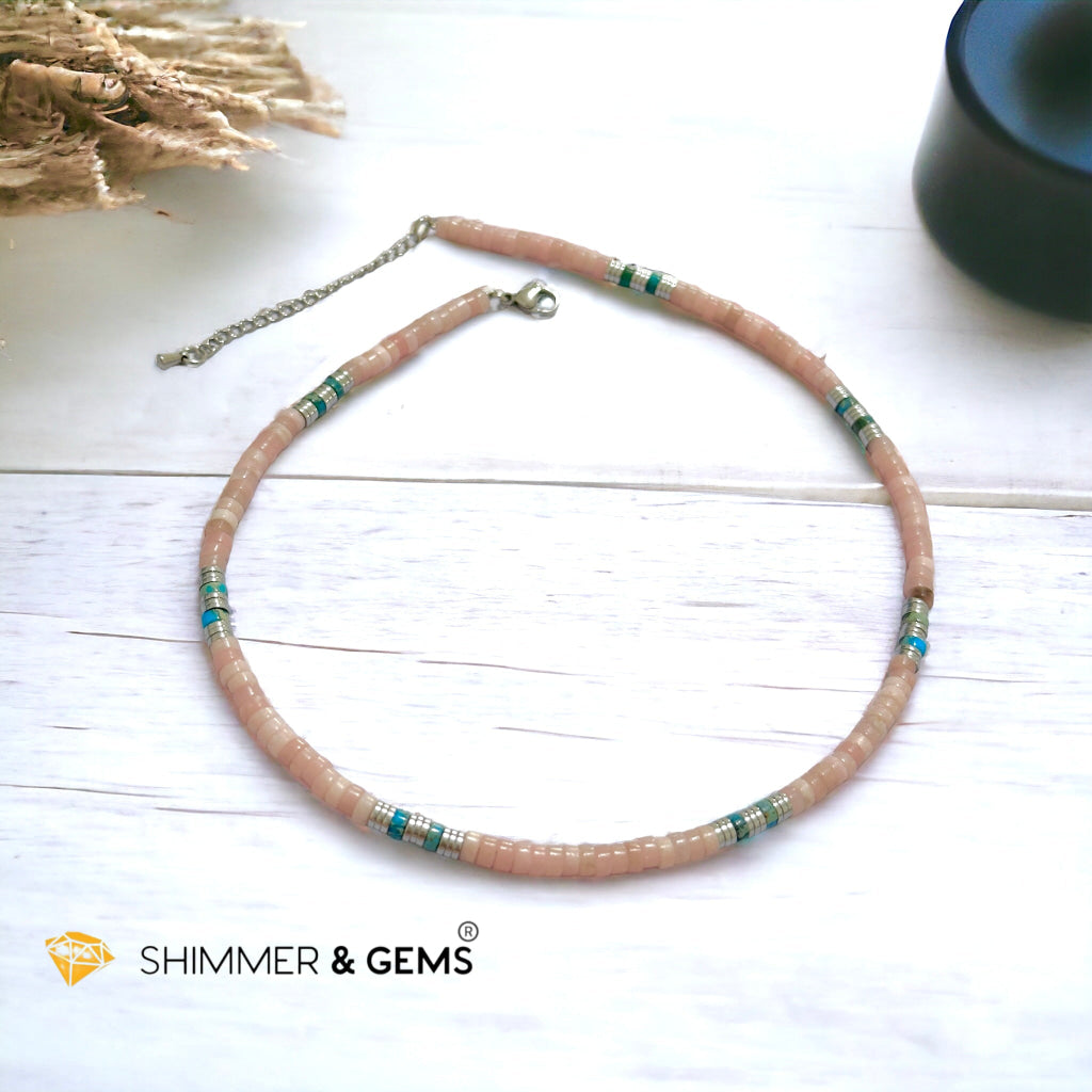 Pink Opal, Impression Jasper & Hematite Wheel Beads Necklace with Stainless Steel Beads & Clasp