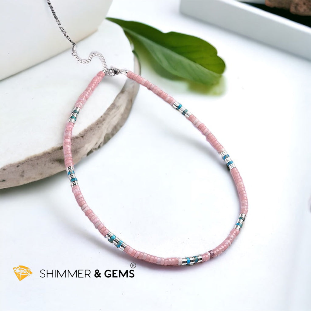 Pink Opal, Impression Jasper & Hematite Wheel Beads Necklace with Stainless Steel Beads & Clasp