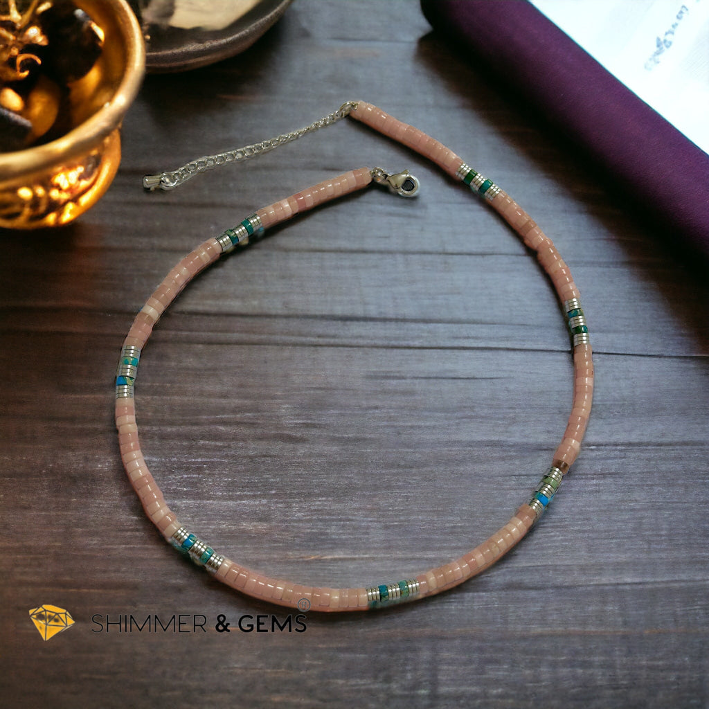 Pink Opal, Impression Jasper & Hematite Wheel Beads Necklace with Stainless Steel Beads & Clasp