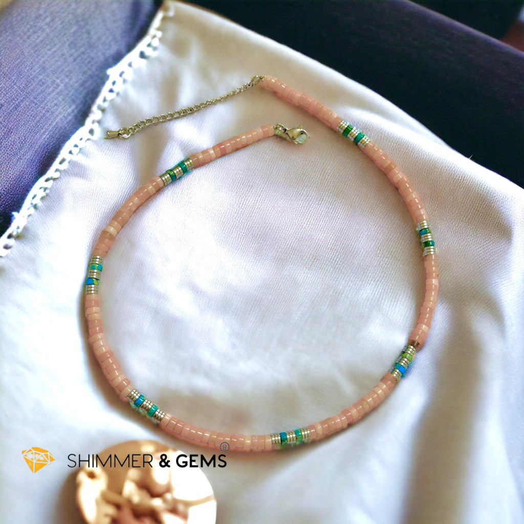 Pink Opal, Impression Jasper & Hematite Wheel Beads Necklace with Stainless Steel Beads & Clasp