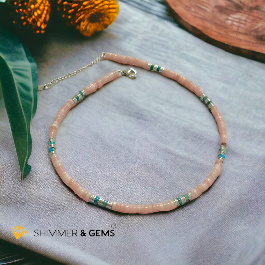 Pink Opal, Impression Jasper & Hematite Wheel Beads Necklace with Stainless Steel Beads & Clasp