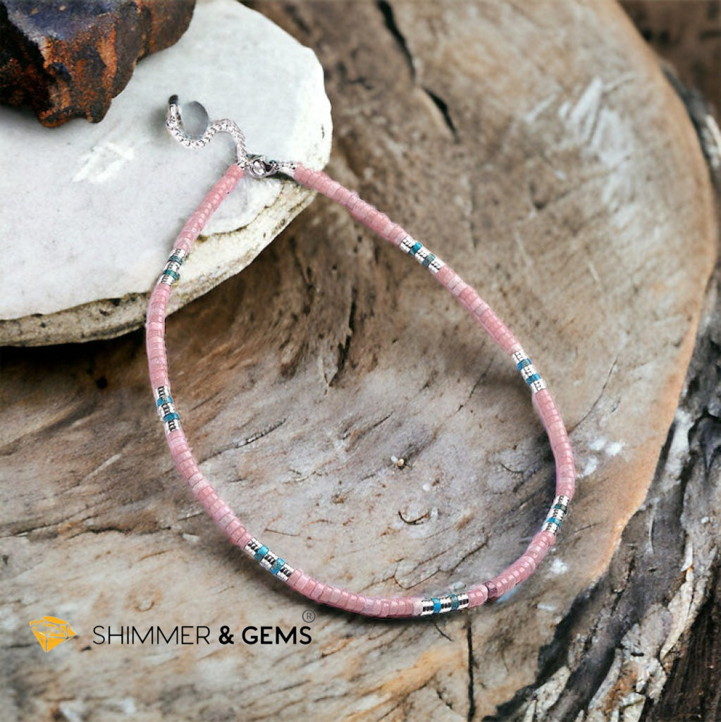Pink Opal, Impression Jasper & Hematite Wheel Beads Necklace with Stainless Steel Beads & Clasp