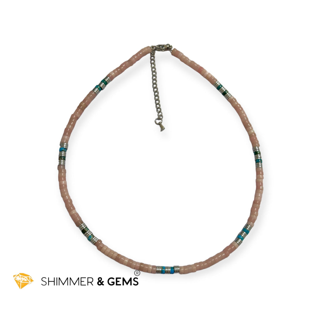 Pink Opal, Impression Jasper & Hematite Wheel Beads Necklace with Stainless Steel Beads & Clasp