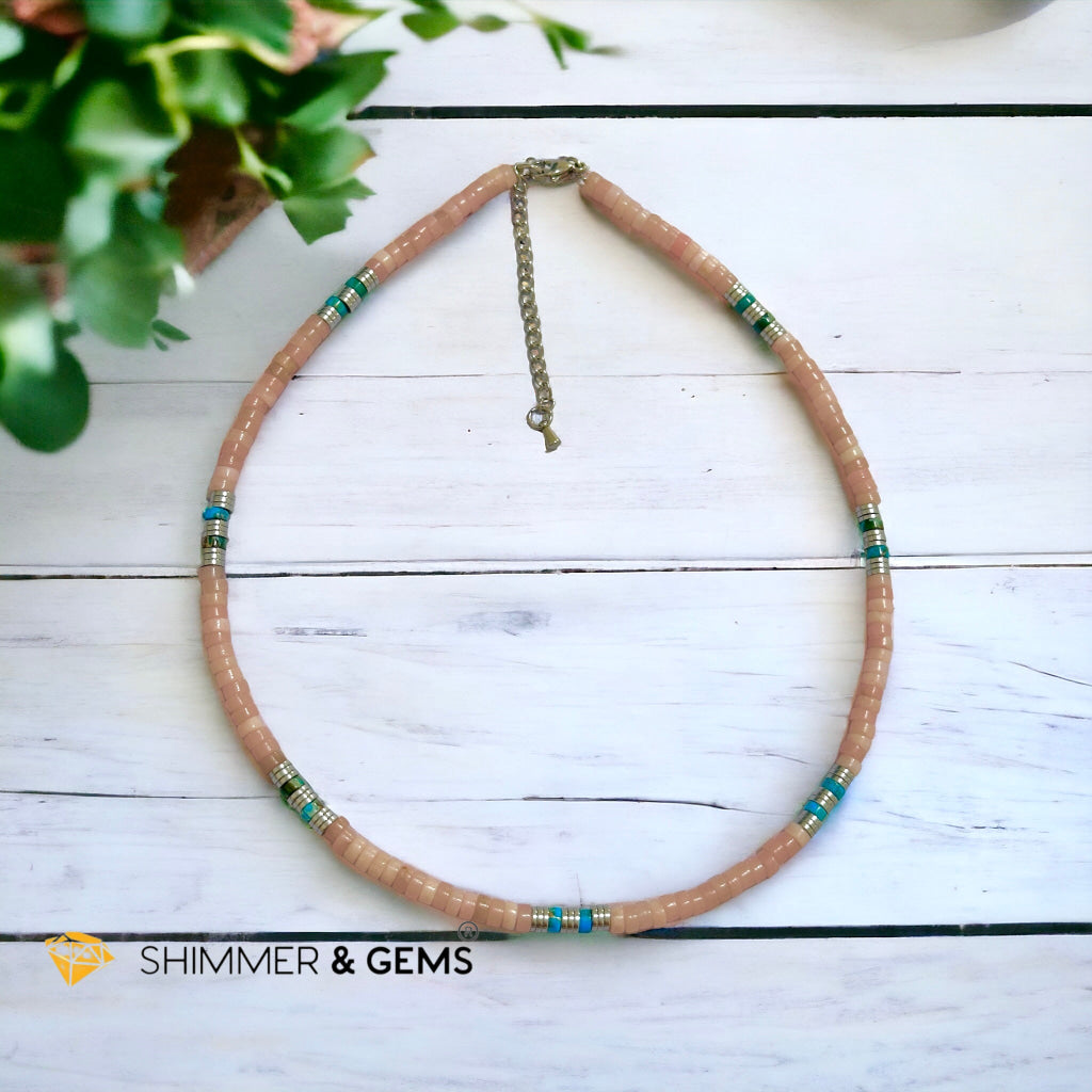 Pink Opal, Impression Jasper & Hematite Wheel Beads Necklace with Stainless Steel Beads & Clasp