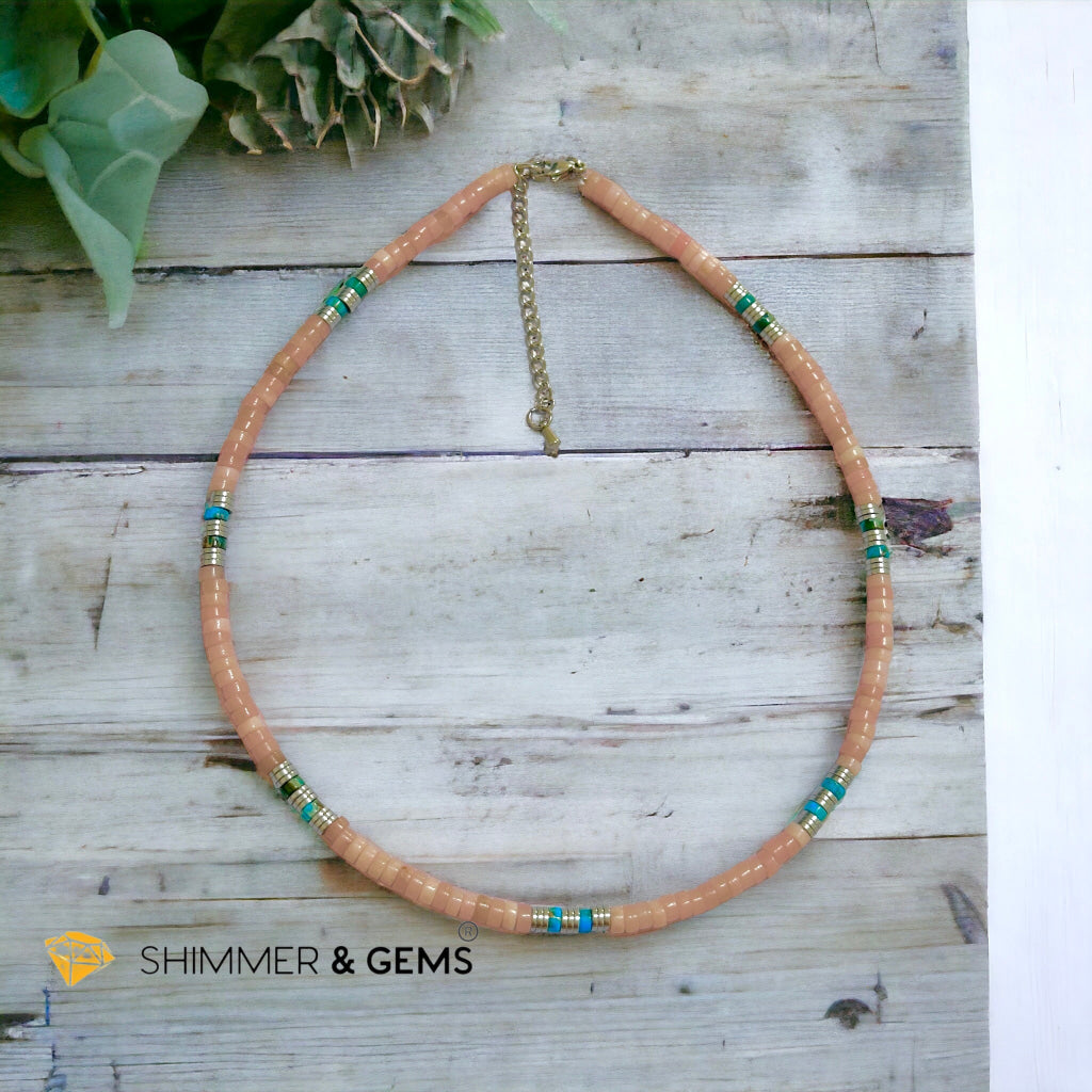 Pink Opal, Impression Jasper & Hematite Wheel Beads Necklace with Stainless Steel Beads & Clasp