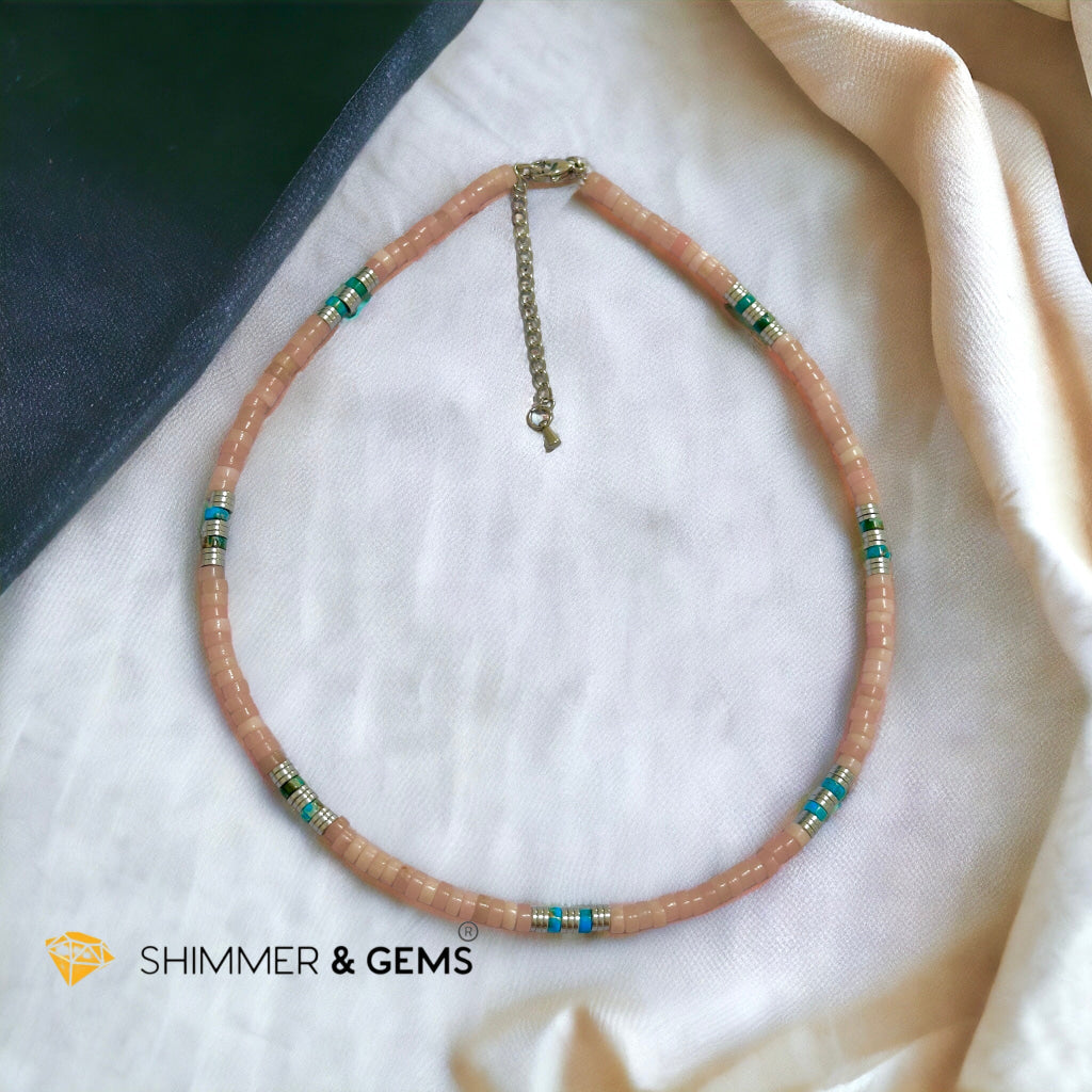 Pink Opal, Impression Jasper & Hematite Wheel Beads Necklace with Stainless Steel Beads & Clasp