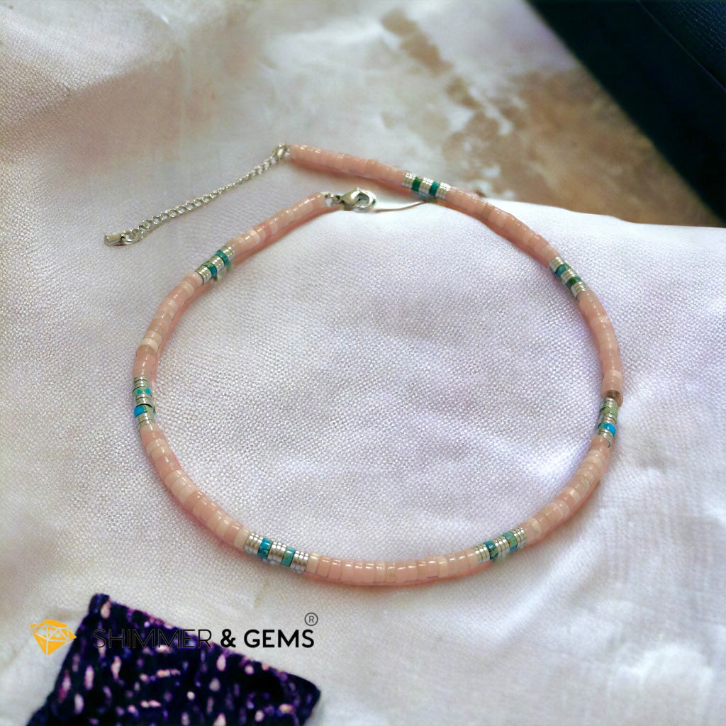 Pink Opal, Impression Jasper & Hematite Wheel Beads Necklace with Stainless Steel Beads & Clasp