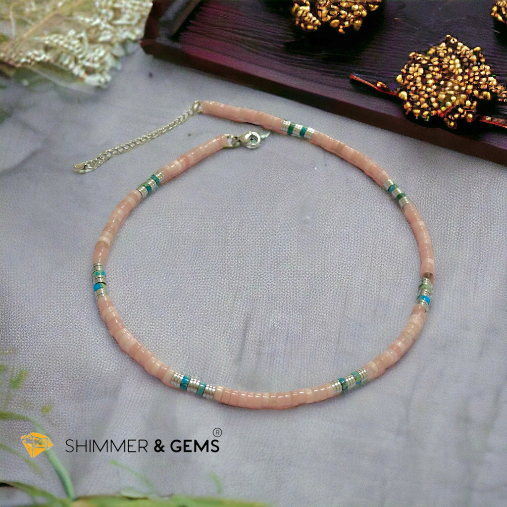 Pink Opal, Impression Jasper & Hematite Wheel Beads Necklace with Stainless Steel Beads & Clasp