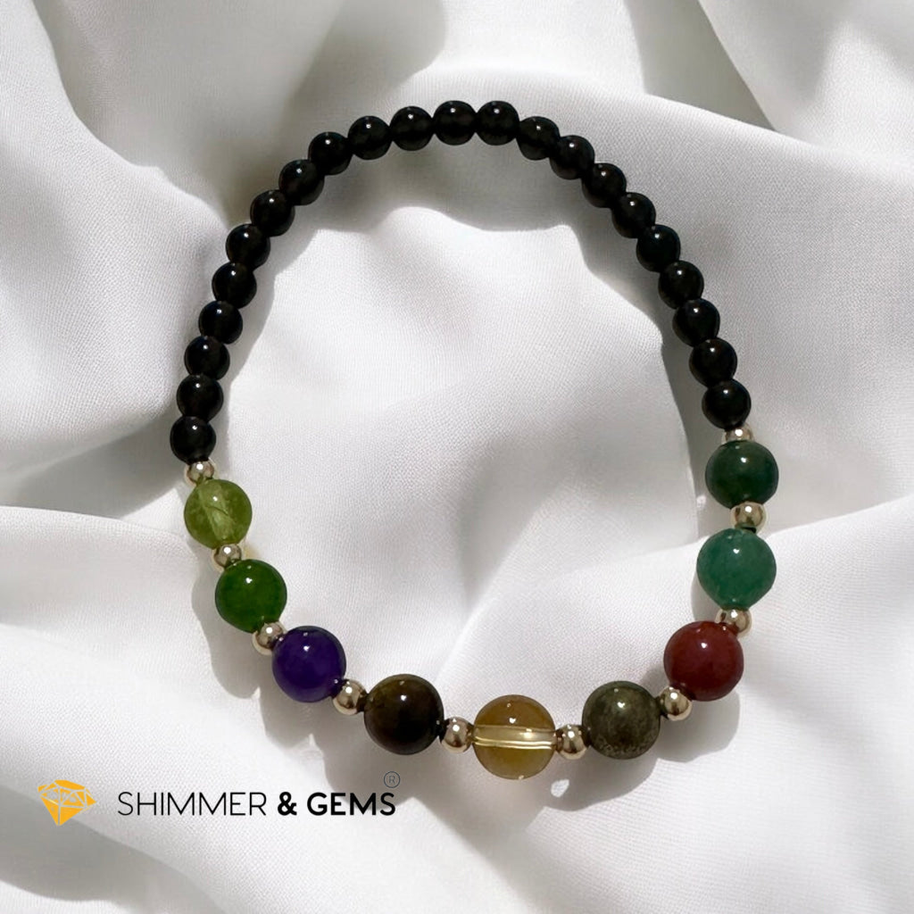 Power of 9, Ultimate Money Magnet Bracelet (Obsidian base with Moss Agate, Amazonite, Red Jasper, Pyrite, Citrine, Tiger’Eye, Amethyst, Taiwan Jade, Peridot & 14K Gold-Filled Beads)