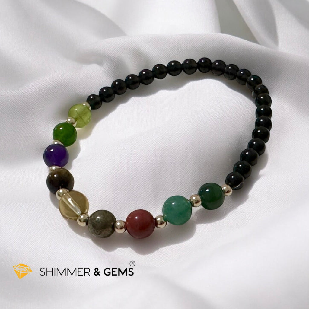 Power of 9, Ultimate Money Magnet Bracelet (Obsidian base with Moss Agate, Amazonite, Red Jasper, Pyrite, Citrine, Tiger’Eye, Amethyst, Taiwan Jade, Peridot & 14K Gold-Filled Beads)