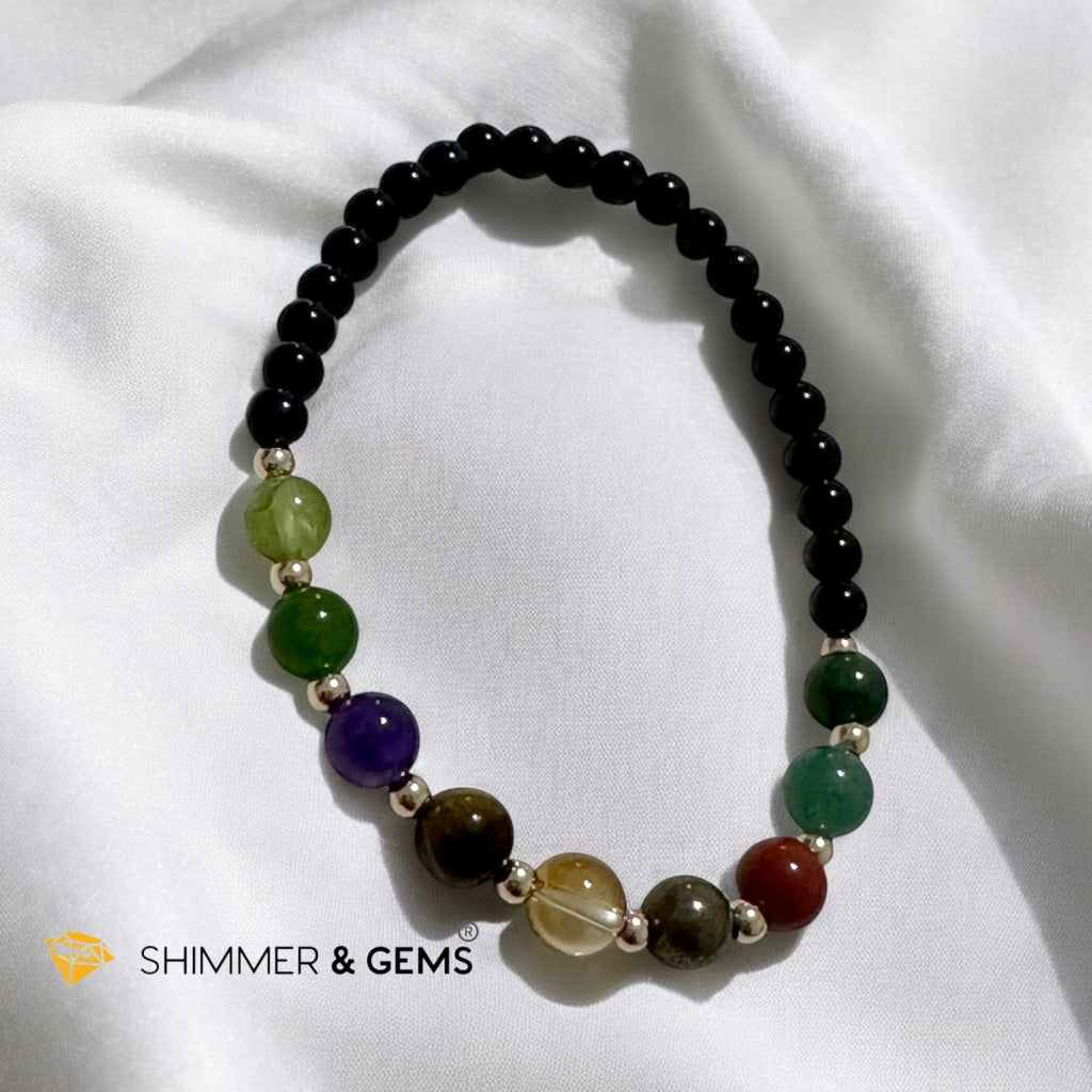 Power of 9, Ultimate Money Magnet Bracelet (Obsidian base with Moss Agate, Amazonite, Red Jasper, Pyrite, Citrine, Tiger’Eye, Amethyst, Taiwan Jade, Peridot & 14K Gold-Filled Beads)