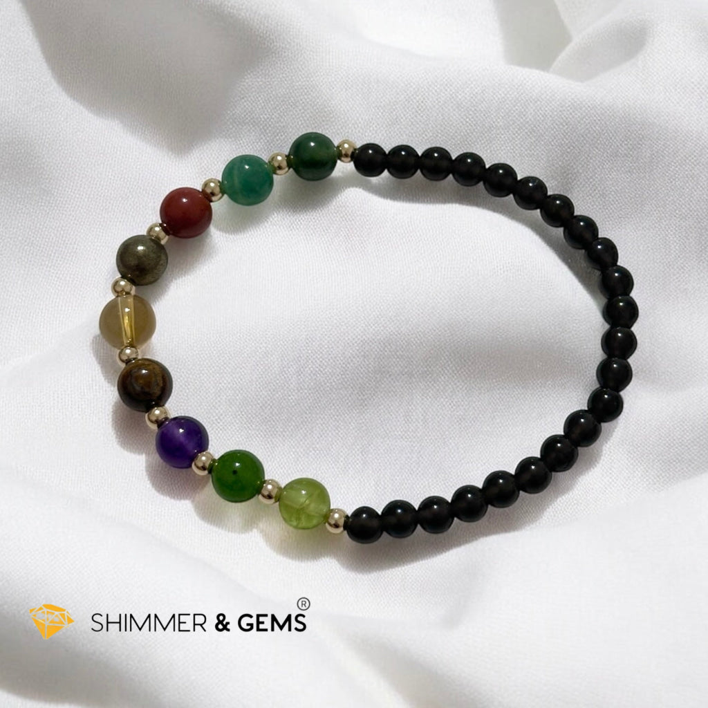 Power of 9, Ultimate Money Magnet Bracelet (Obsidian base with Moss Agate, Amazonite, Red Jasper, Pyrite, Citrine, Tiger’Eye, Amethyst, Taiwan Jade, Peridot & 14K Gold-Filled Beads)