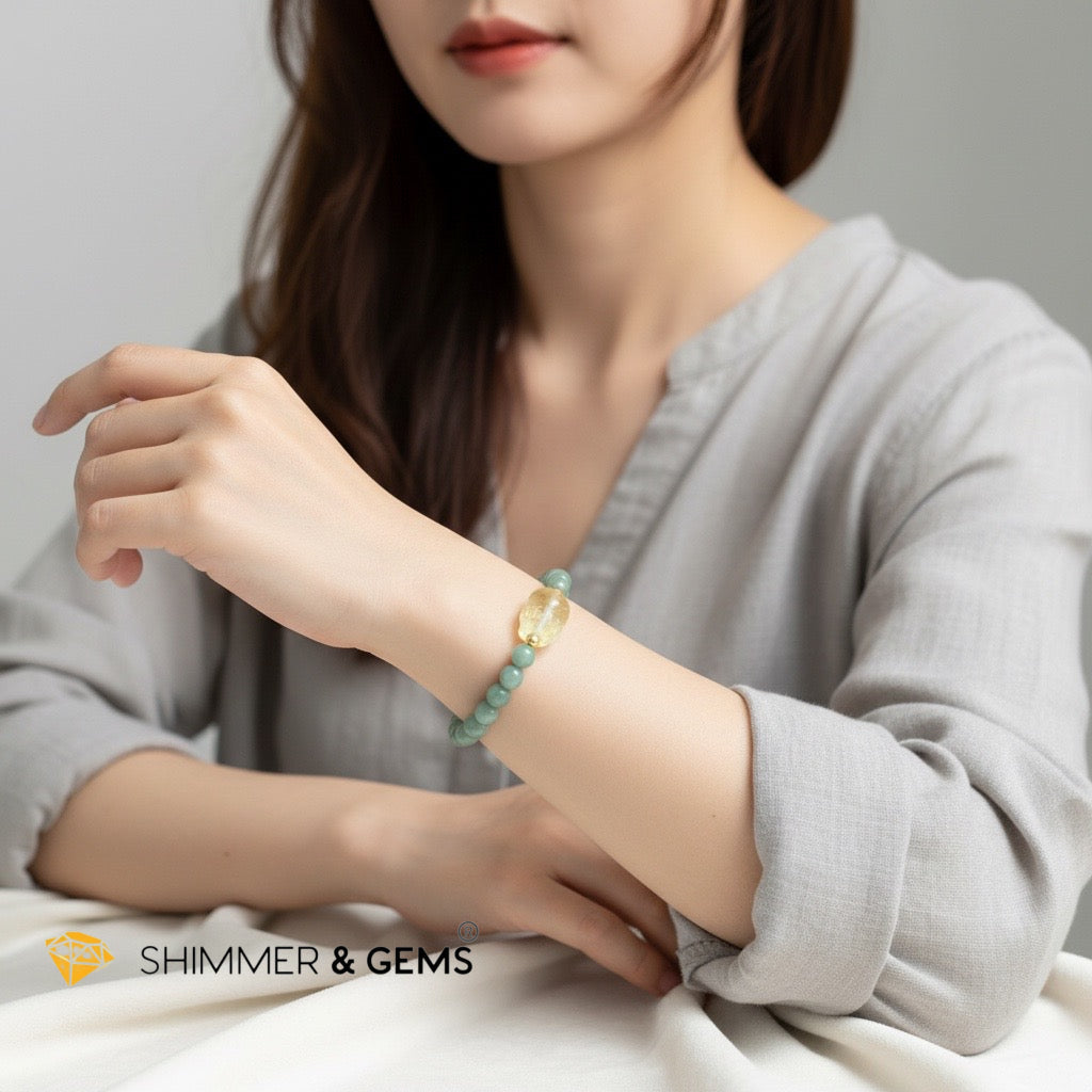Premium Natural Burma Jade 6mm Bracelet with Citrine Pixiu (Wealth Activator)