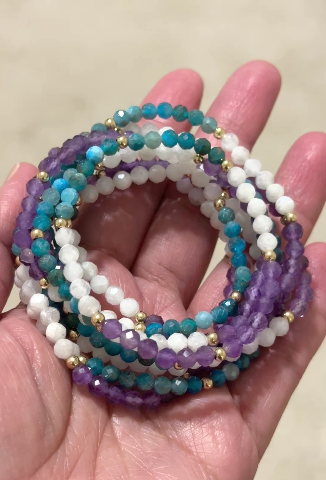 Starseeds Activation Bracelet (Moonstone, Apatite & Amethyst 4mm Faceted with 14k Gold-Filled Beads)