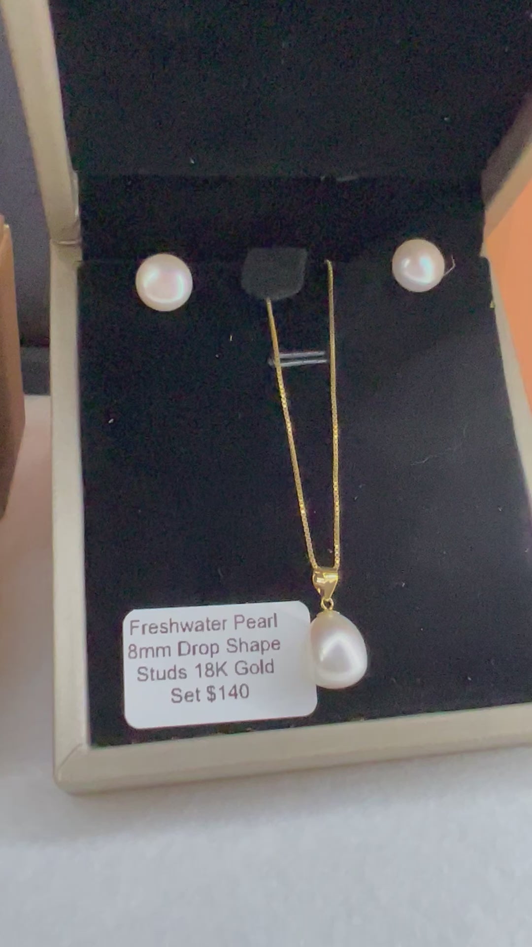 Freshwater Pearl 8mm AAA Grade Drop Shape 18K Real Gold Stud Earrings and Pendant