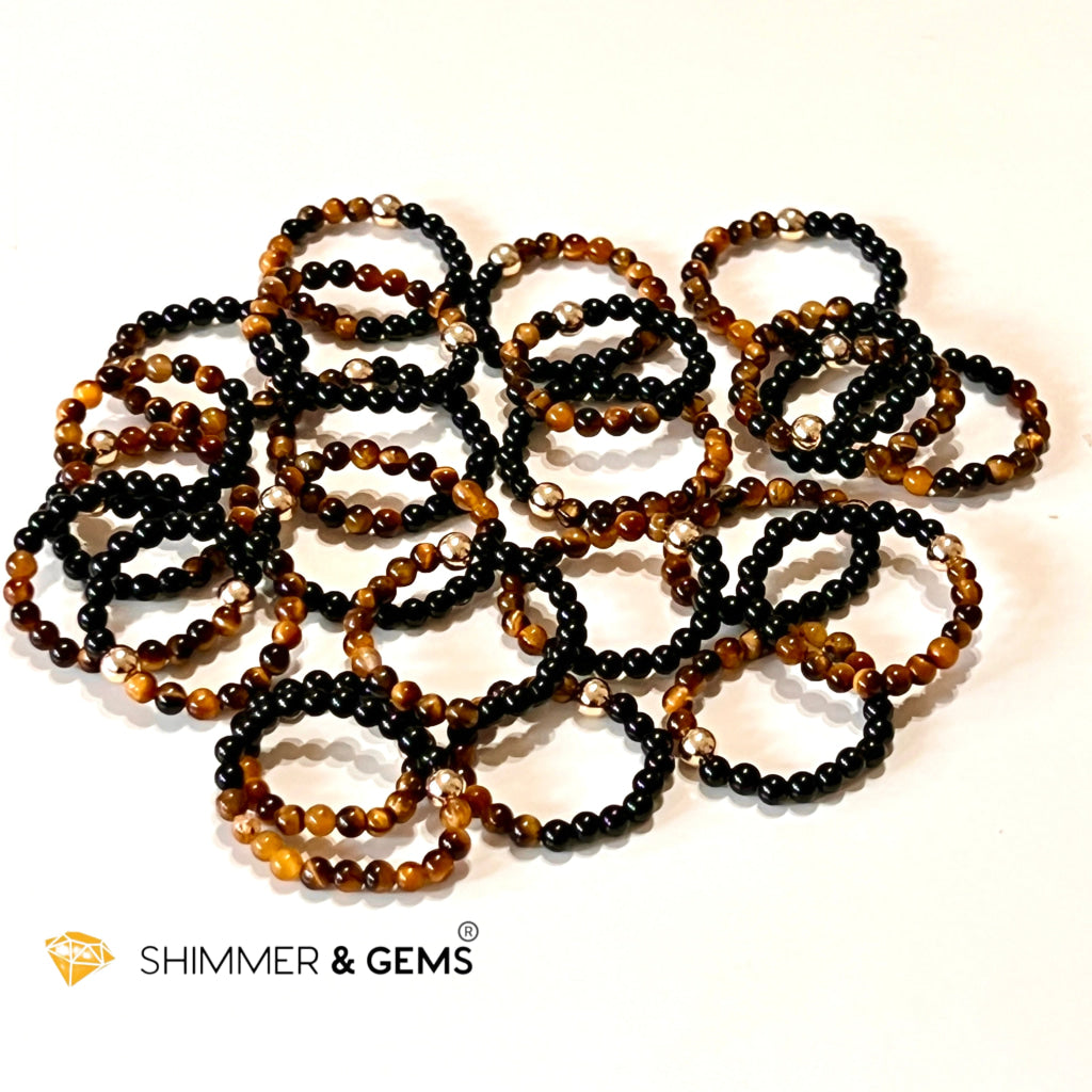 Protection Beads Ring With 14K Gold Filled Bead (Tigers Eye & Black Agate) Per Piece Rings