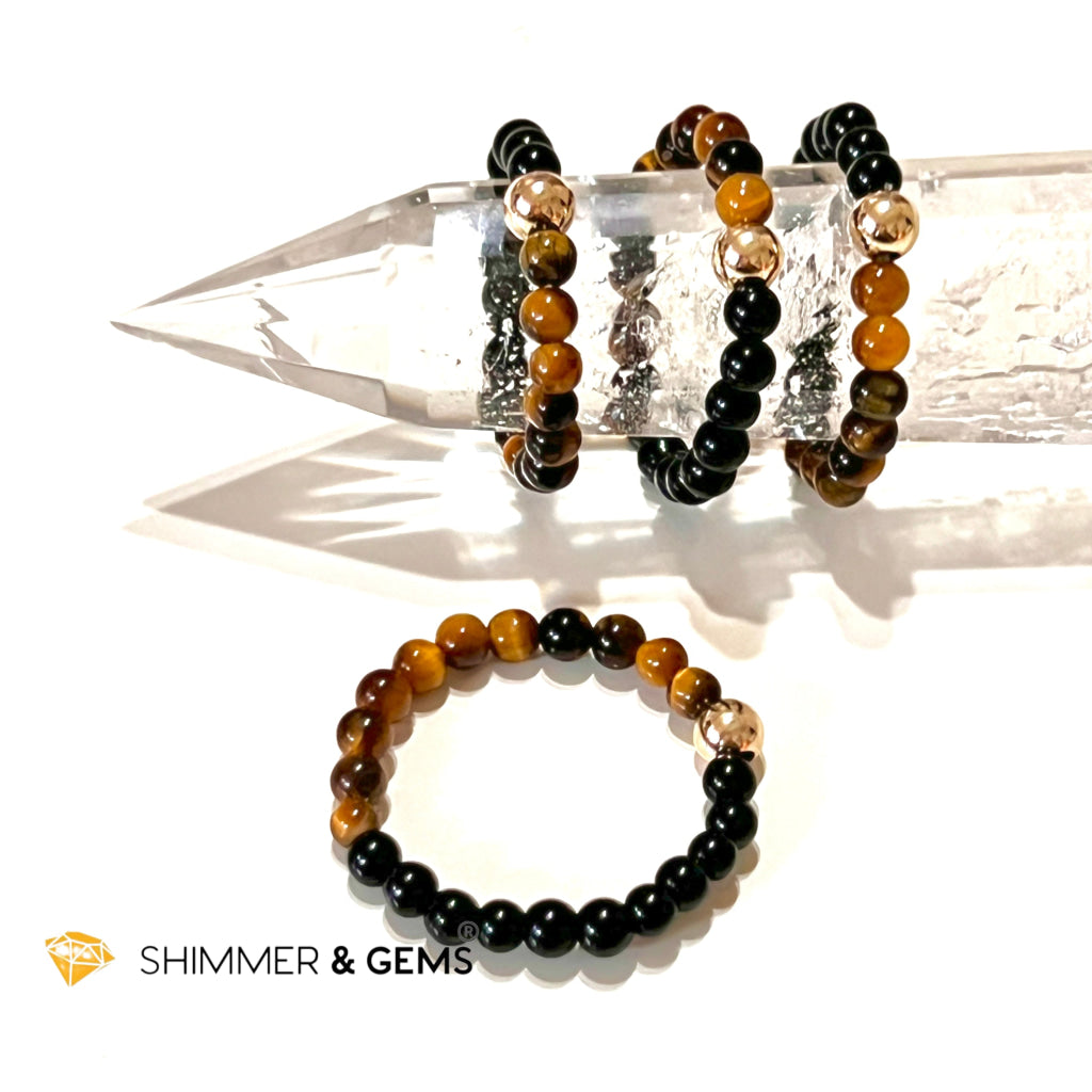 Protection Beads Ring With 14K Gold Filled Bead (Tigers Eye & Black Agate) Per Piece Rings