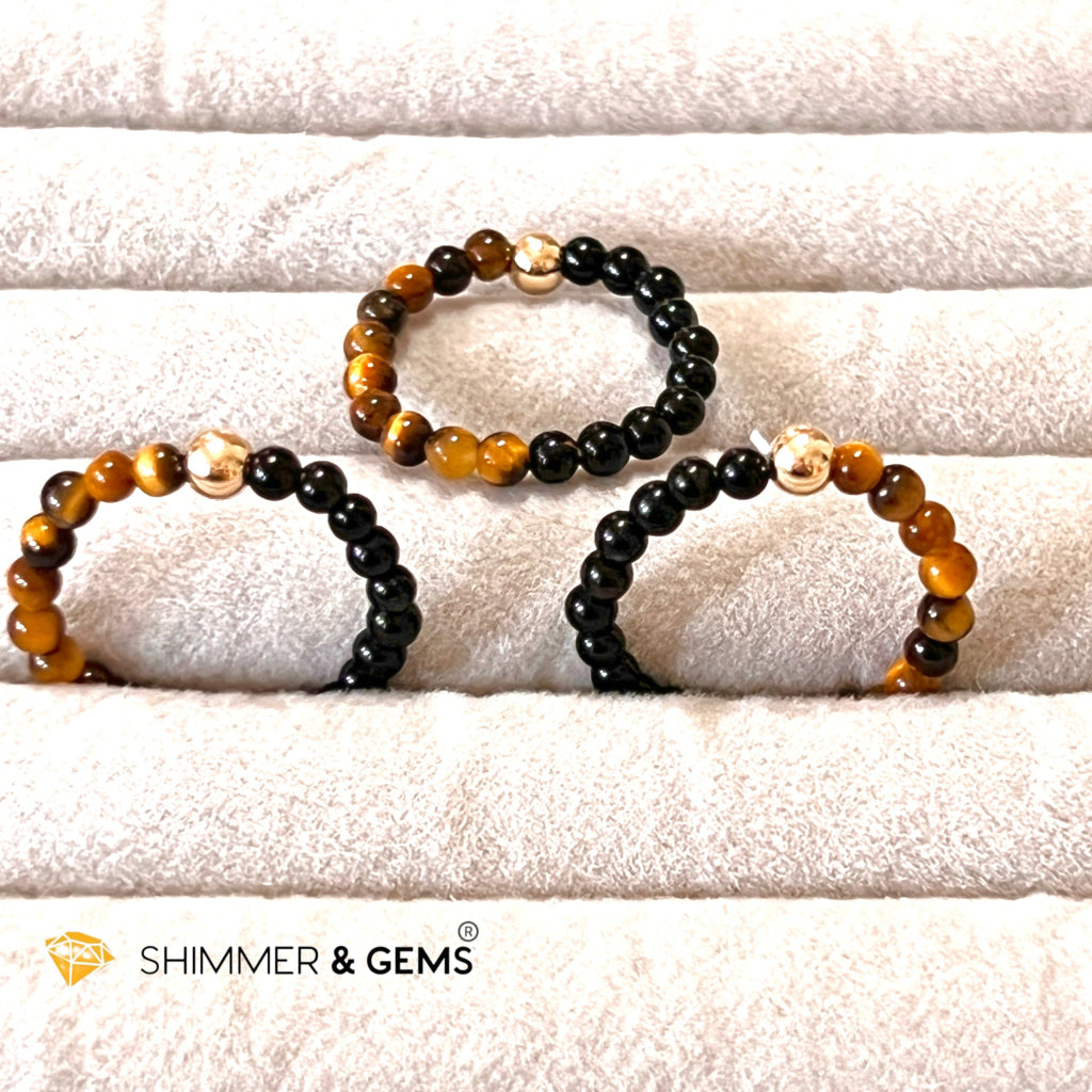Protection Beads Ring With 14K Gold Filled Bead (Tigers Eye & Black Agate) Per Piece Rings