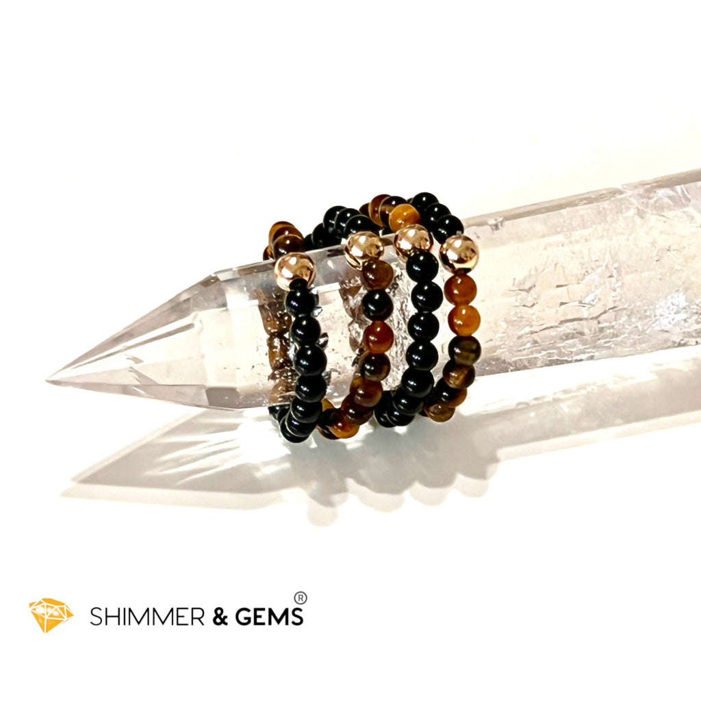 Protection Beads Ring With 14K Gold Filled Bead (Tigers Eye & Black Agate) Per Piece Rings