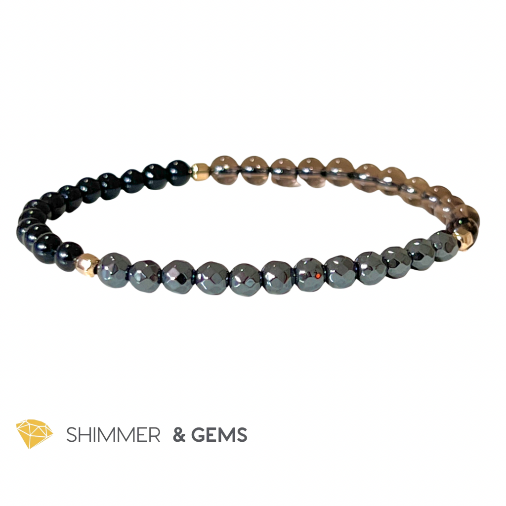 Protection Bracelet 4Mm With 14K Gold Filled Beads ( Black Tourmaline Smoky Quartz & Hematite) 5.5