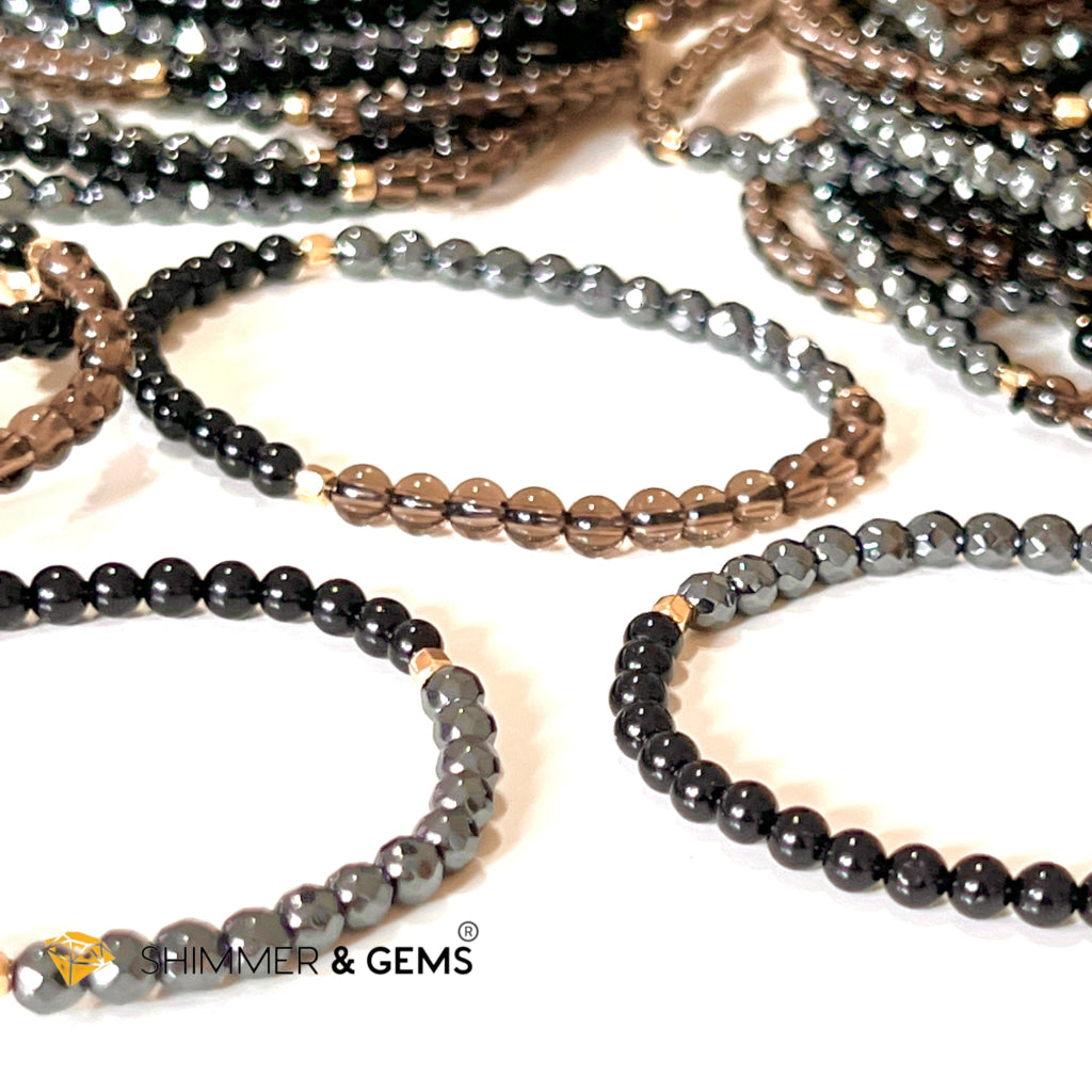 Protection Bracelet 4Mm With 14K Gold Filled Beads ( Black Tourmaline Smoky Quartz & Hematite)