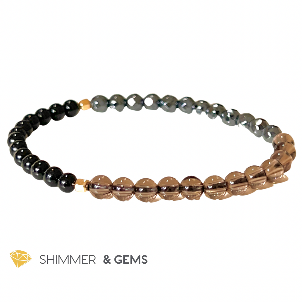 Protection Bracelet 4Mm With 14K Gold Filled Beads ( Black Tourmaline Smoky Quartz & Hematite)