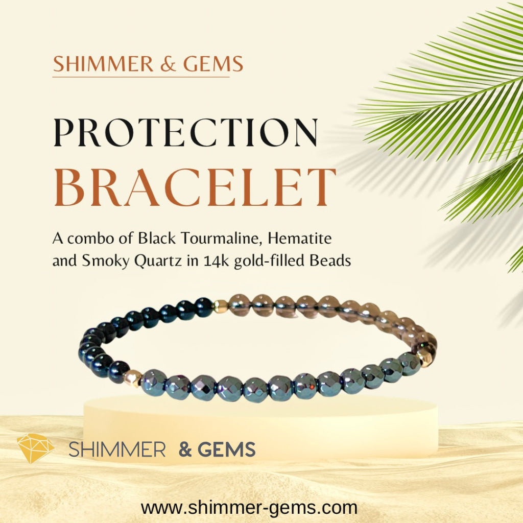 Protection Bracelet 4Mm With 14K Gold Filled Beads ( Black Tourmaline Smoky Quartz & Hematite)