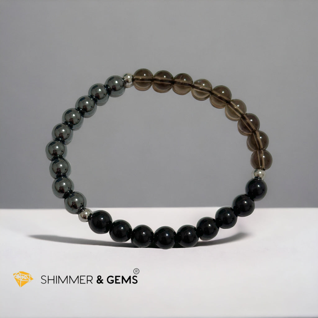 Protection Bracelet 6mm with Stainless Steel Beads (Black Tourmaline, Smoky Quartz & Hematite)