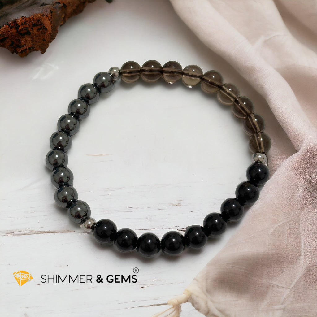 Protection Bracelet 6mm with Stainless Steel Beads (Black Tourmaline, Smoky Quartz & Hematite)