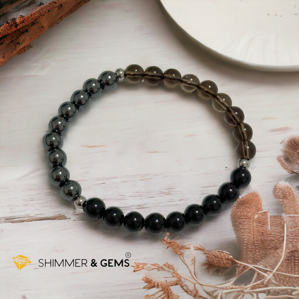 Protection Bracelet 6mm with Stainless Steel Beads (Black Tourmaline, Smoky Quartz & Hematite)