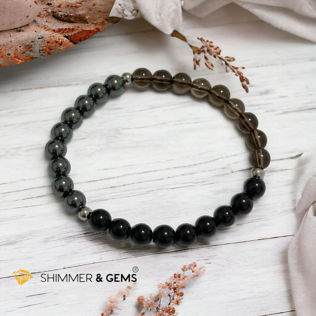 Protection Bracelet 6mm with Stainless Steel Beads (Black Tourmaline, Smoky Quartz & Hematite)