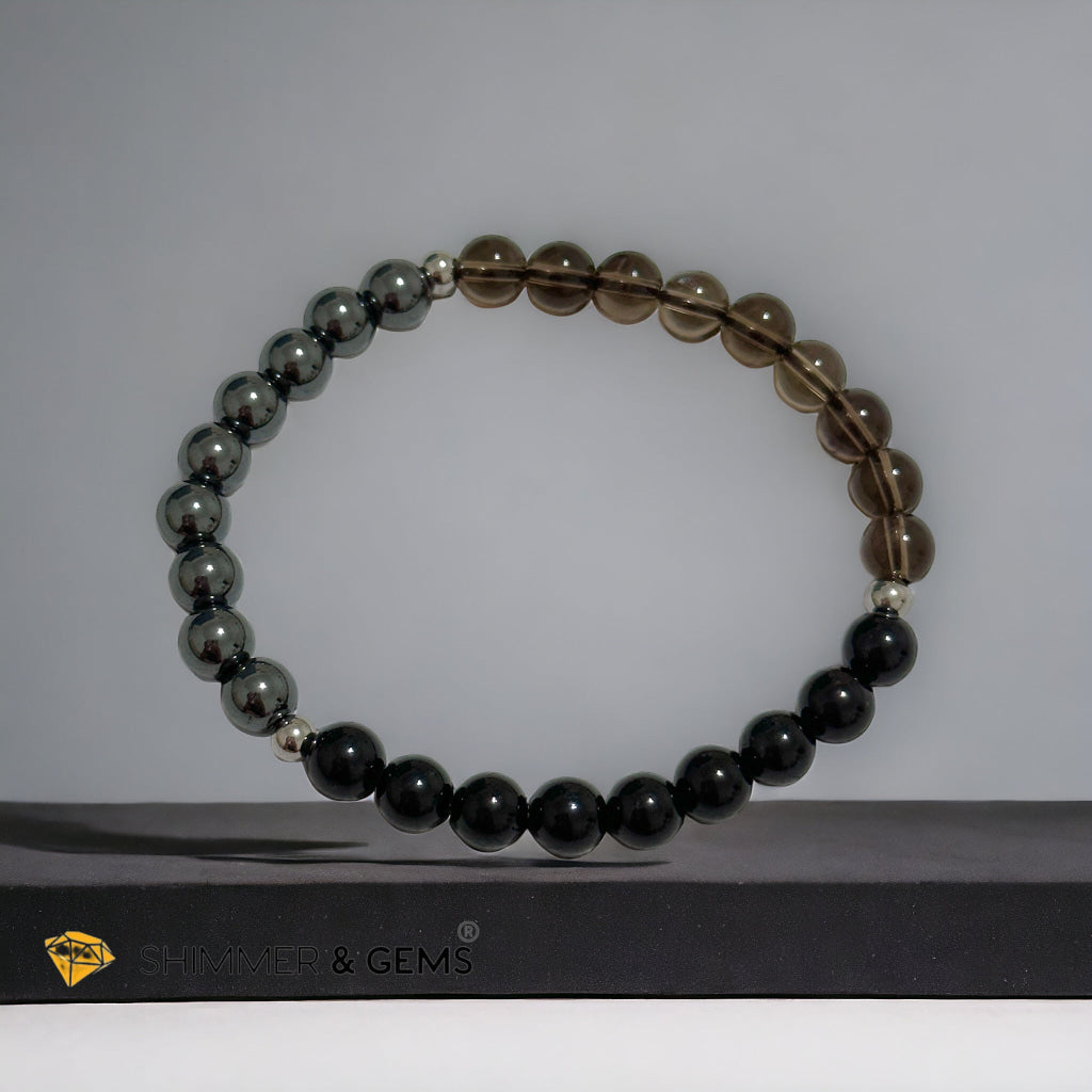 Protection Bracelet 6mm with Stainless Steel Beads (Black Tourmaline, Smoky Quartz & Hematite)