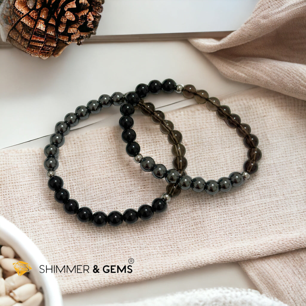 Protection Bracelet 6mm with Stainless Steel Beads (Black Tourmaline, Smoky Quartz & Hematite)