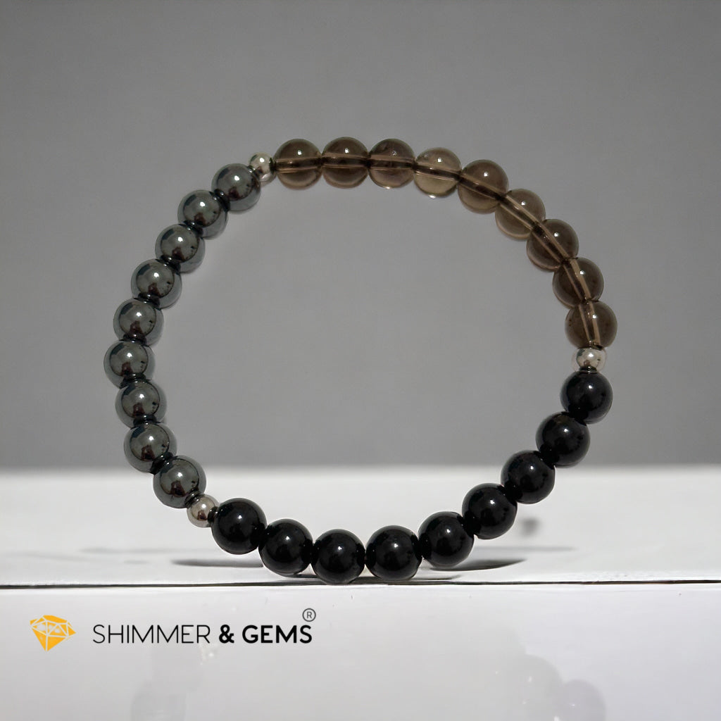 Protection Bracelet 6mm with Stainless Steel Beads (Black Tourmaline, Smoky Quartz & Hematite)