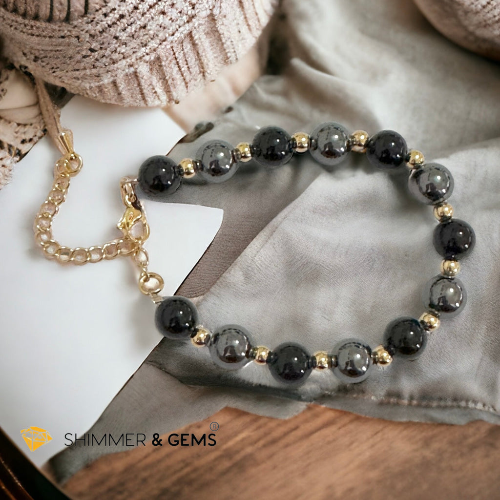 Protection & Grounding 8mm Bracelet (Hematite & Onyx) with stainless steel beads and chain