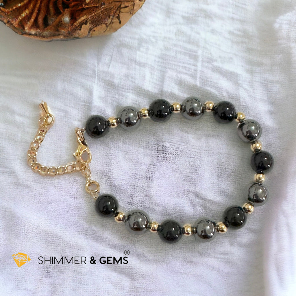 Protection & Grounding 8mm Bracelet (Hematite & Onyx) with stainless steel beads and chain