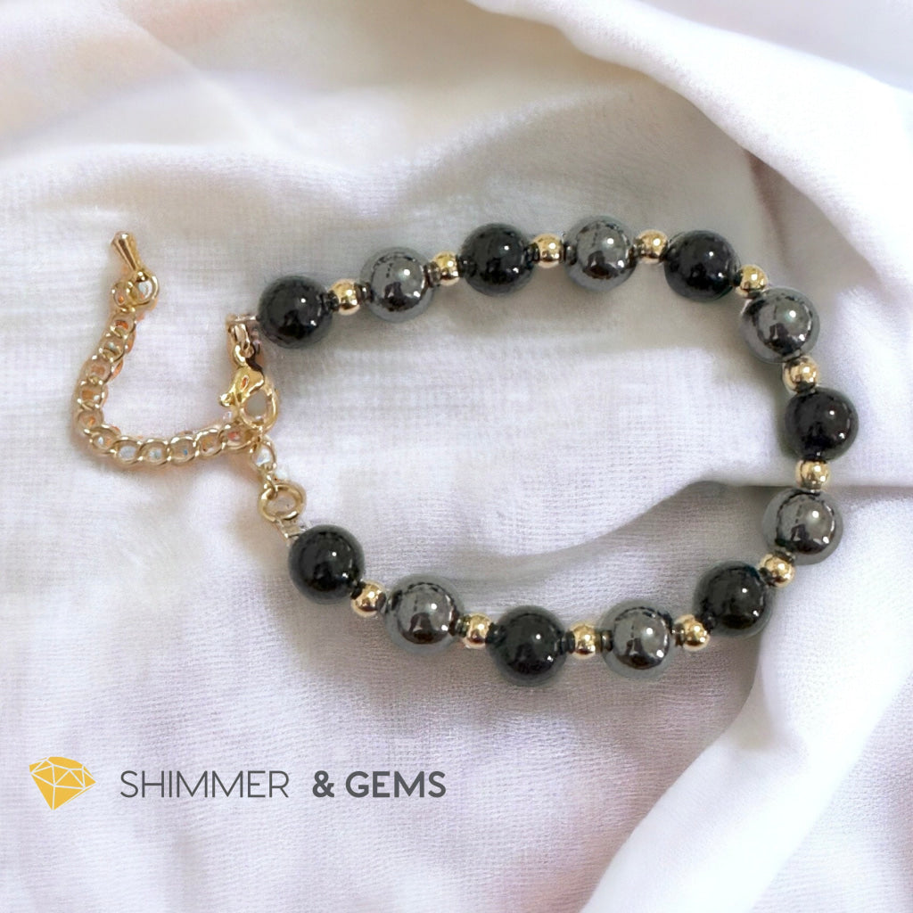 Protection & Grounding 8mm Bracelet (Hematite & Onyx) with stainless steel beads and chain