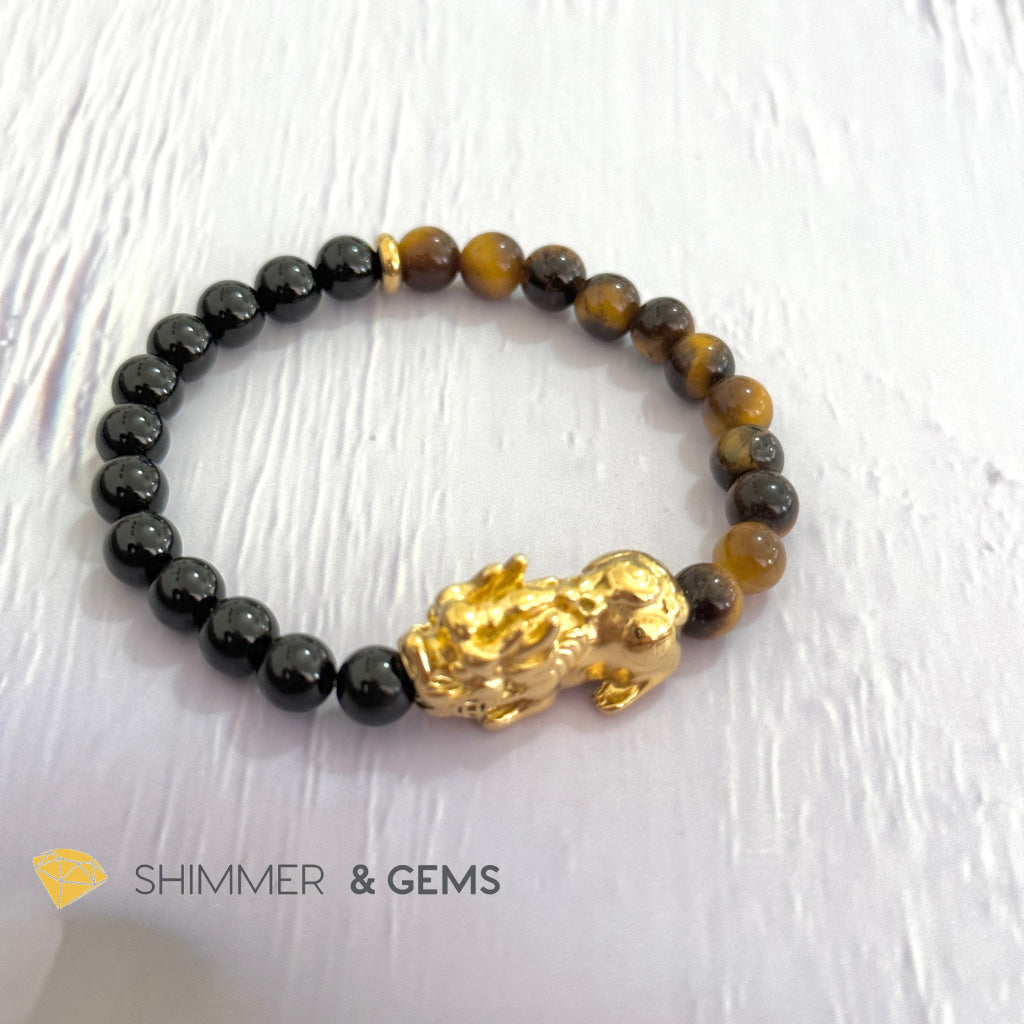 Protection Pixiu Bracelet (Stainless Steel) Black Tourmaline and Tiger’s Eye 6mm